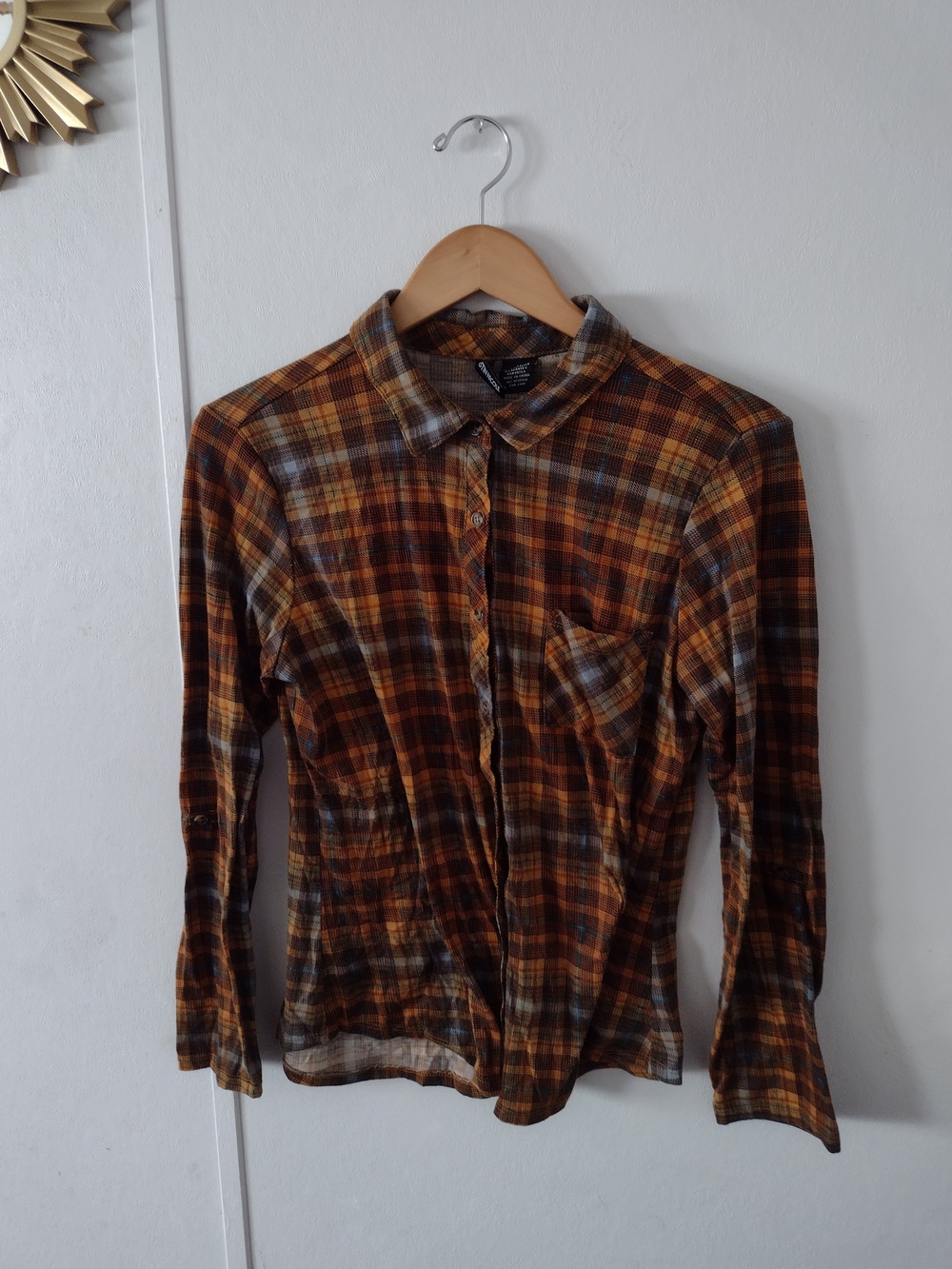 womens plaid button-up shirt in medium
